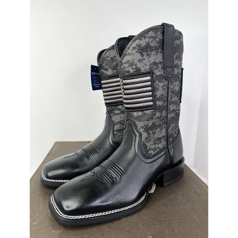 ARIAT Sport Patriot Square Toe Cowboy Boots Mens Size 8.5 D Black Camo Flag New